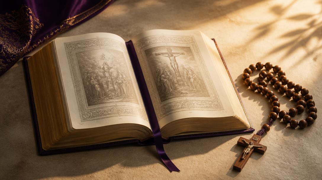 Biblia católica abierta junto a un rosario de madera